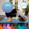 Person doing a yoga pose on a colorful mat with text about product features.