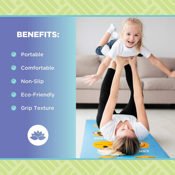 Woman and child on a yoga mat with product benefits listed