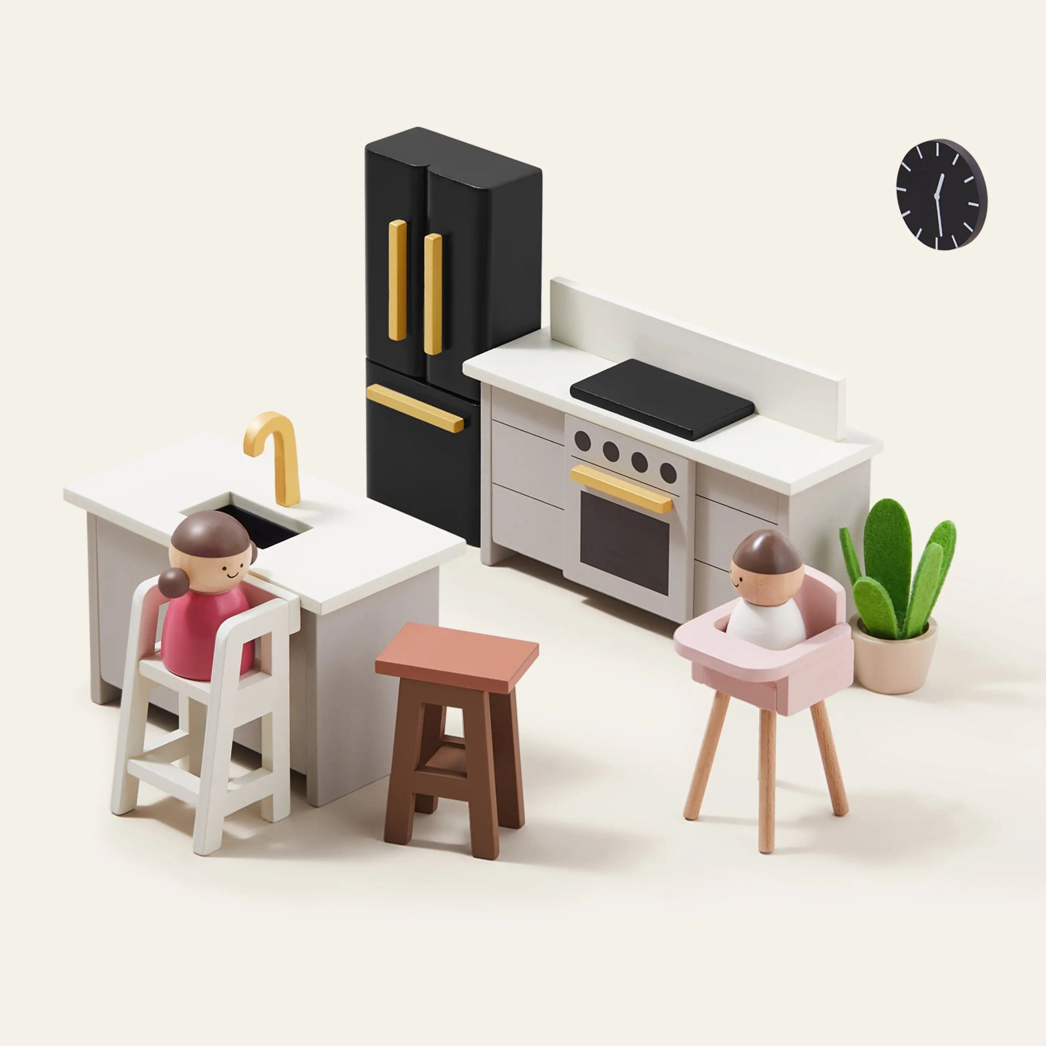 Miniature kitchen set with furniture and people on a white background
