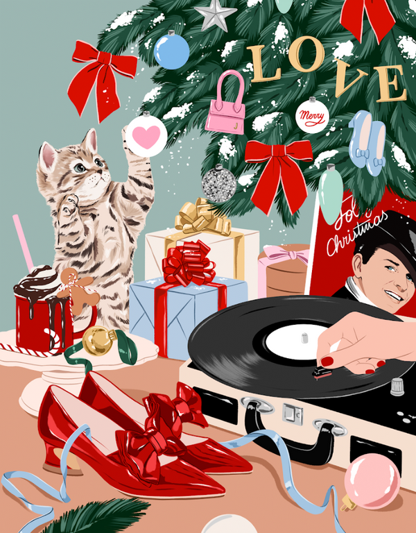 Illustration of a cat, Christmas tree, presents, and a record player with 'Love' on the tree.