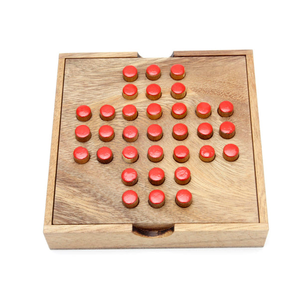 Kubiya Games wooden solitaire puzzle board with 32 pegs — one-player strategy game