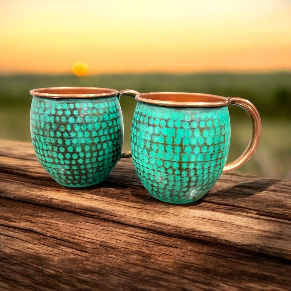 Set of Two Copper Barrel Mugs, Hammered and Mint Patina