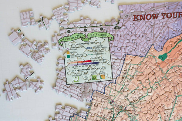 Detail view of the illustrated Lake Merritt Watershed puzzle artwork
