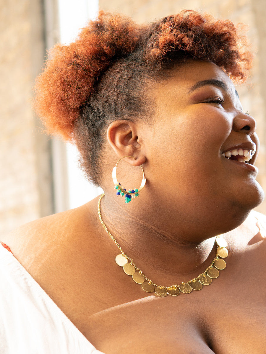 Fair Anita Rainfall Hoops recycled brass and glass bead earrings detail view