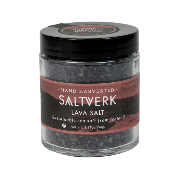 Jar of Saltverk Lava Salt with black lid on a white background
