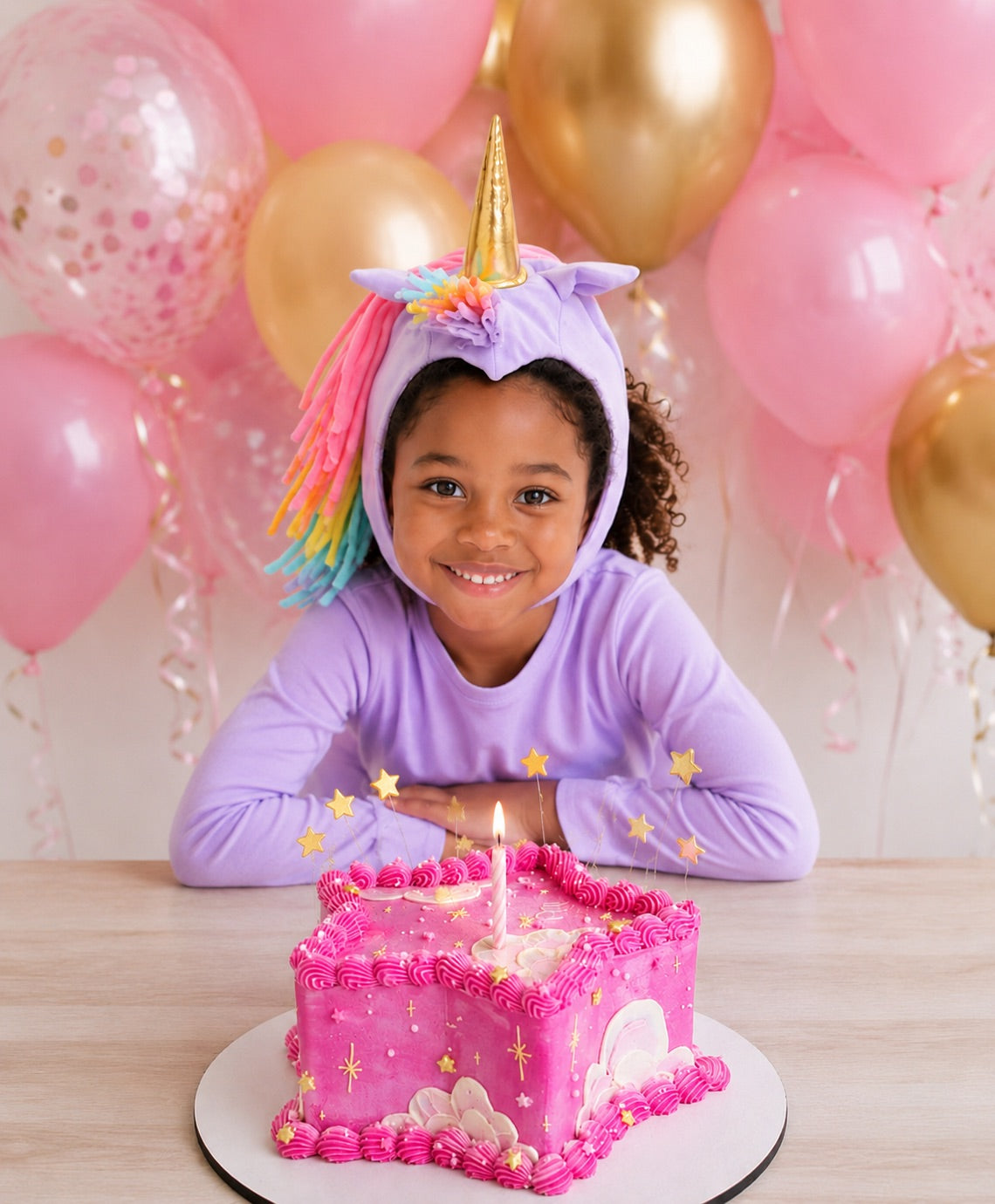 Lavender Sky Unicorn costume for kids with golden horn and pastel rainbow mane