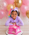 Lavender Sky Unicorn costume for kids with golden horn and pastel rainbow mane