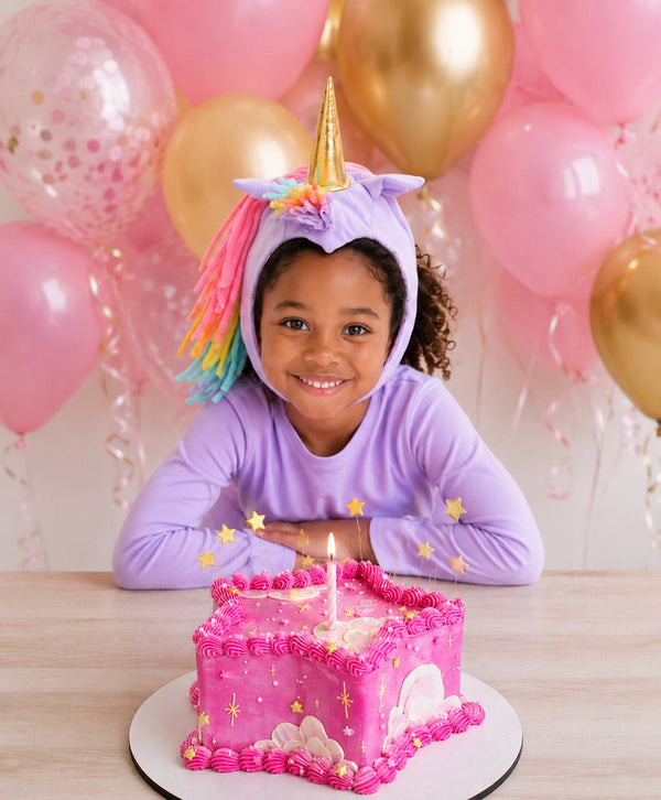 Lavender Sky Unicorn costume for kids with golden horn and pastel rainbow mane