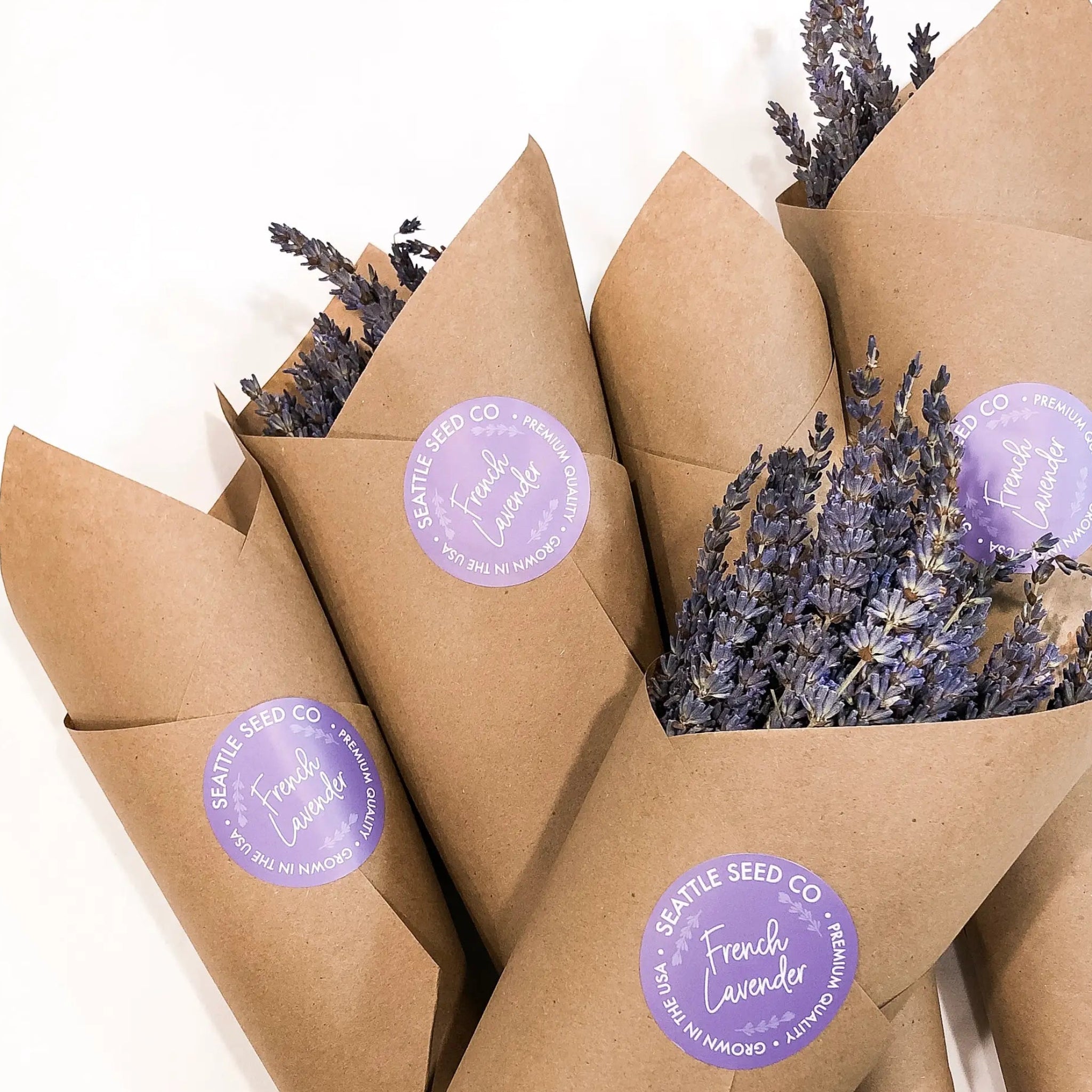 Dried French Grosso lavender bundle tied with twine and wrapped in kraft paper, grown pesticide-free in the Pacific Northwest