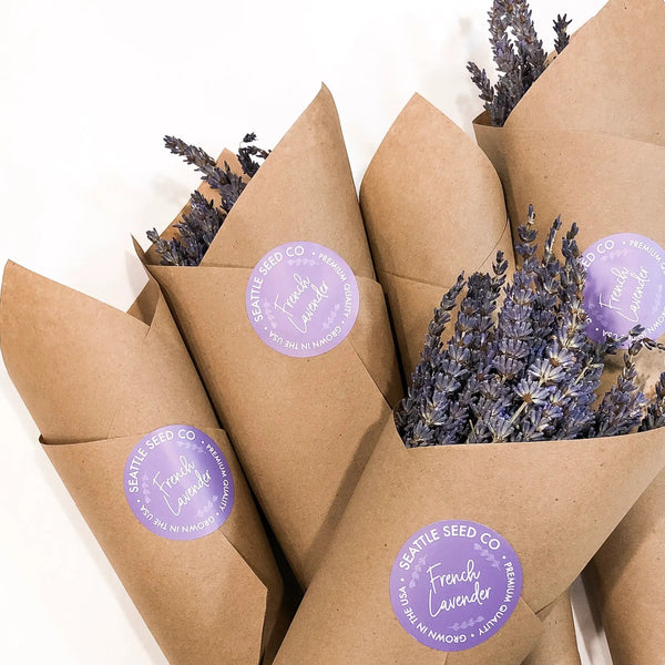 Dried French Grosso lavender bundle tied with twine and wrapped in kraft paper, grown pesticide-free in the Pacific Northwest