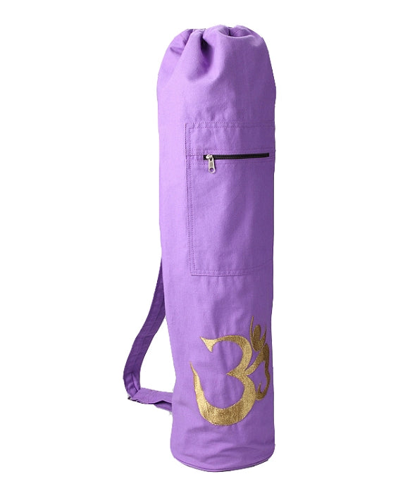 OMSutra OM Shiva drawstring yoga mat bag in lavender cotton canvas with golden thread OM embroidery detail
