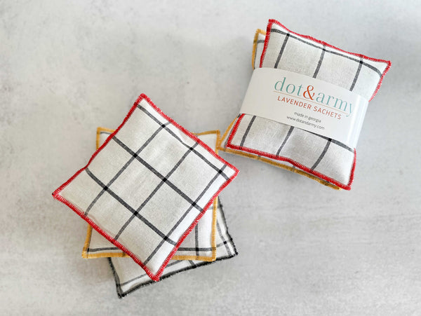 Windowpane linen lavender sachet with colored edging, 5x5 inches