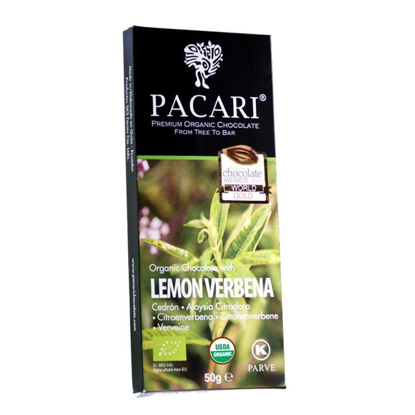 Pacari lemon verbena chocolate bar packaging on a white background