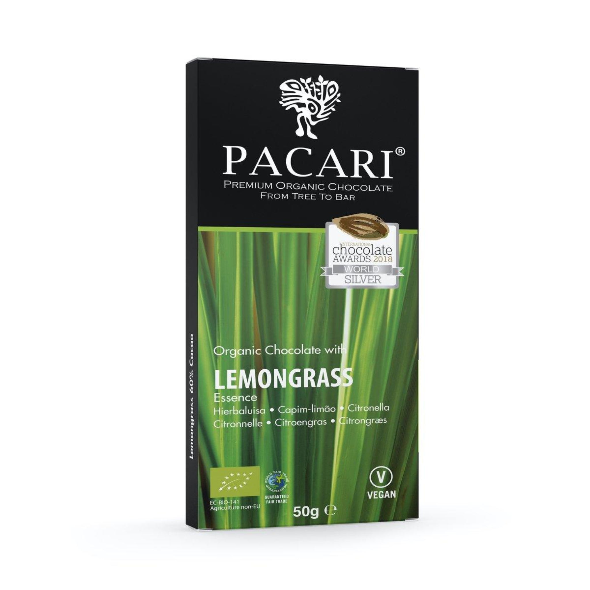 Pacari organic chocolate bar packaging with lemongrass flavor on a white background