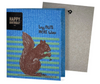 A greeting card with a vintage squirrel design and a text that reads 'Less Nuts More Wine'. The card is part of a product that turns into a reusable cleaning cloth.