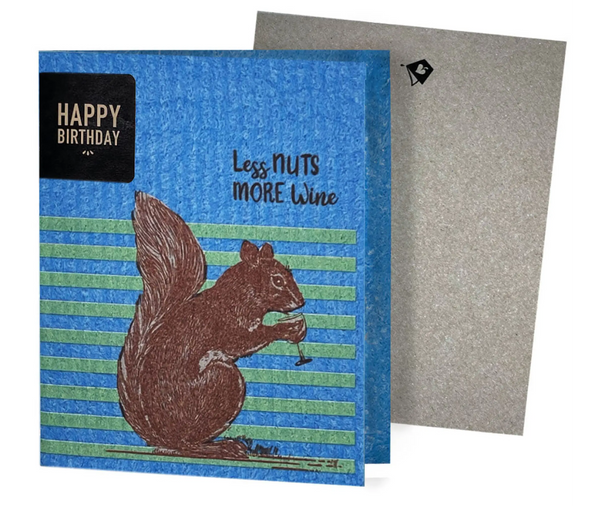 A greeting card with a vintage squirrel design and a text that reads 'Less Nuts More Wine'. The card is part of a product that turns into a reusable cleaning cloth.