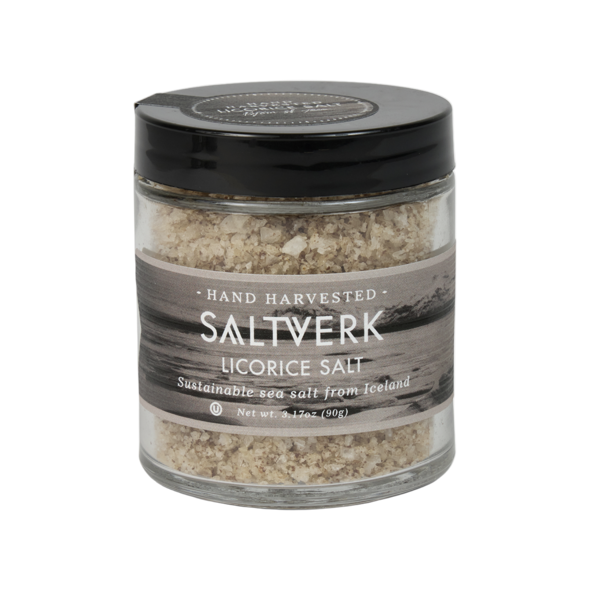 Jar of Saltverk Licorice Salt on a white background