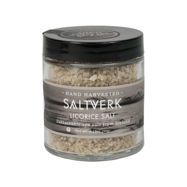 Jar of Saltverk Licorice Salt on a white background
