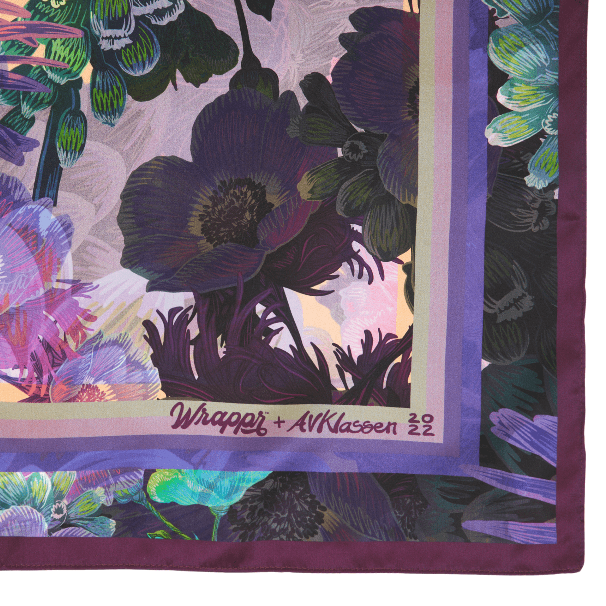 Floral patterned fabric with 'Wrapper + AVKlaseen 22' branding
