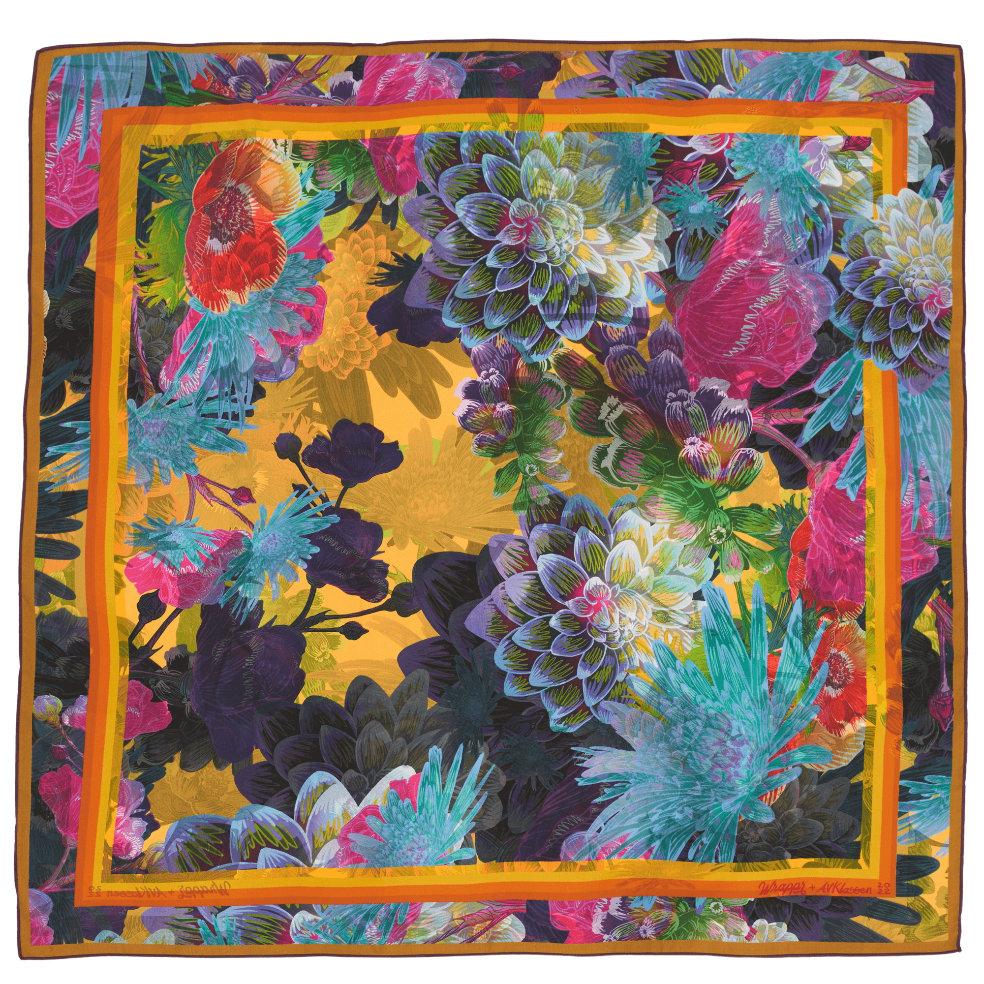 Colorful floral patterned fabric with a yellow center