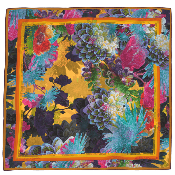 Colorful floral patterned fabric with a yellow center