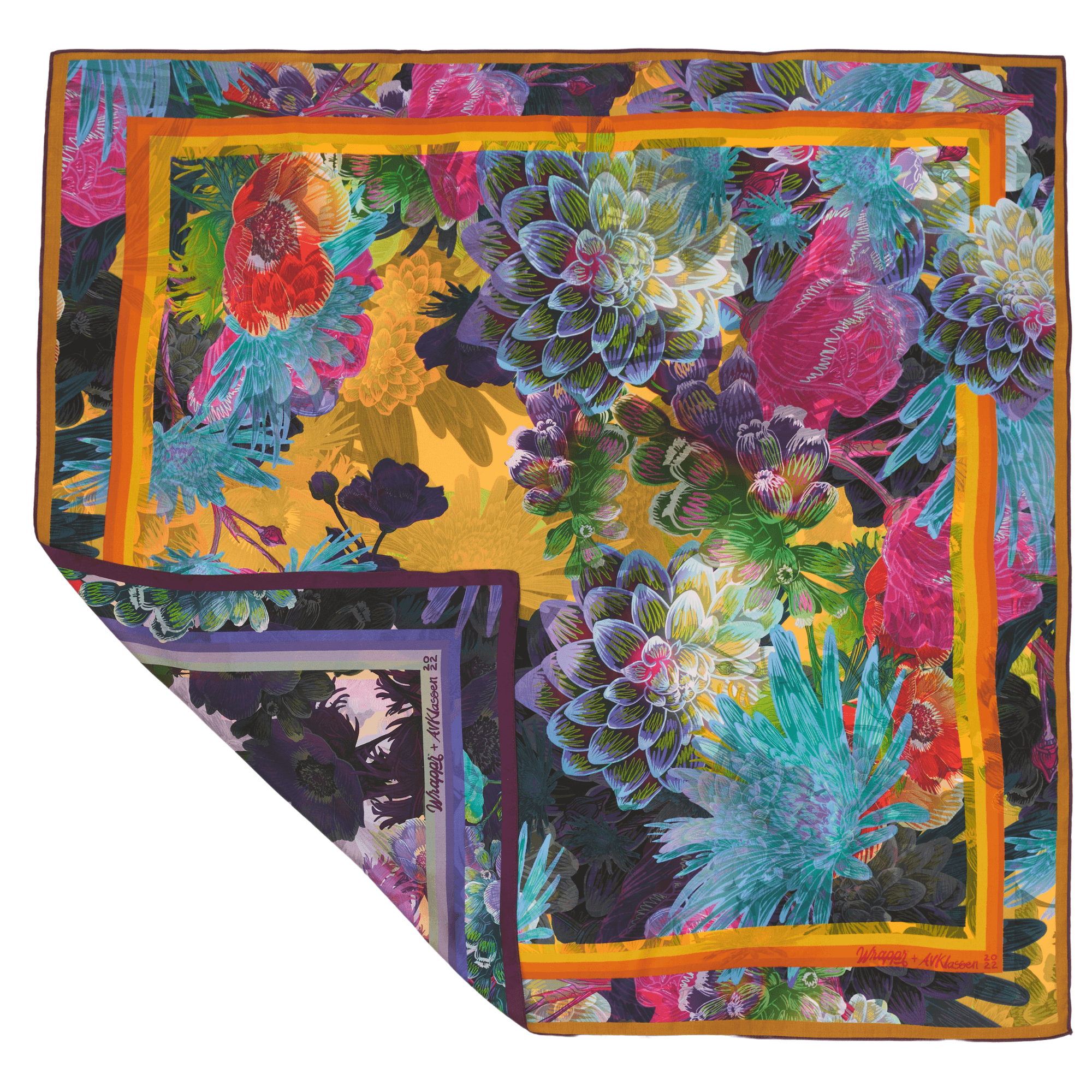 Reverse side of the Lilac double-sided mulberry silk furoshiki wrap showing complementary colour variation by Adam Klassen
