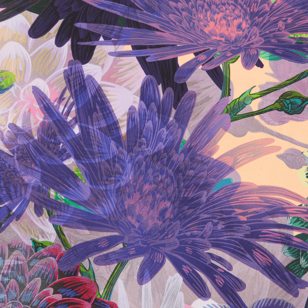 Colorful floral pattern with purple flowers on a beige background