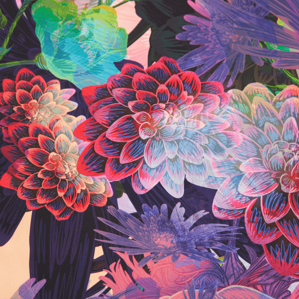 Colorful floral pattern with vibrant flowers on a dark background