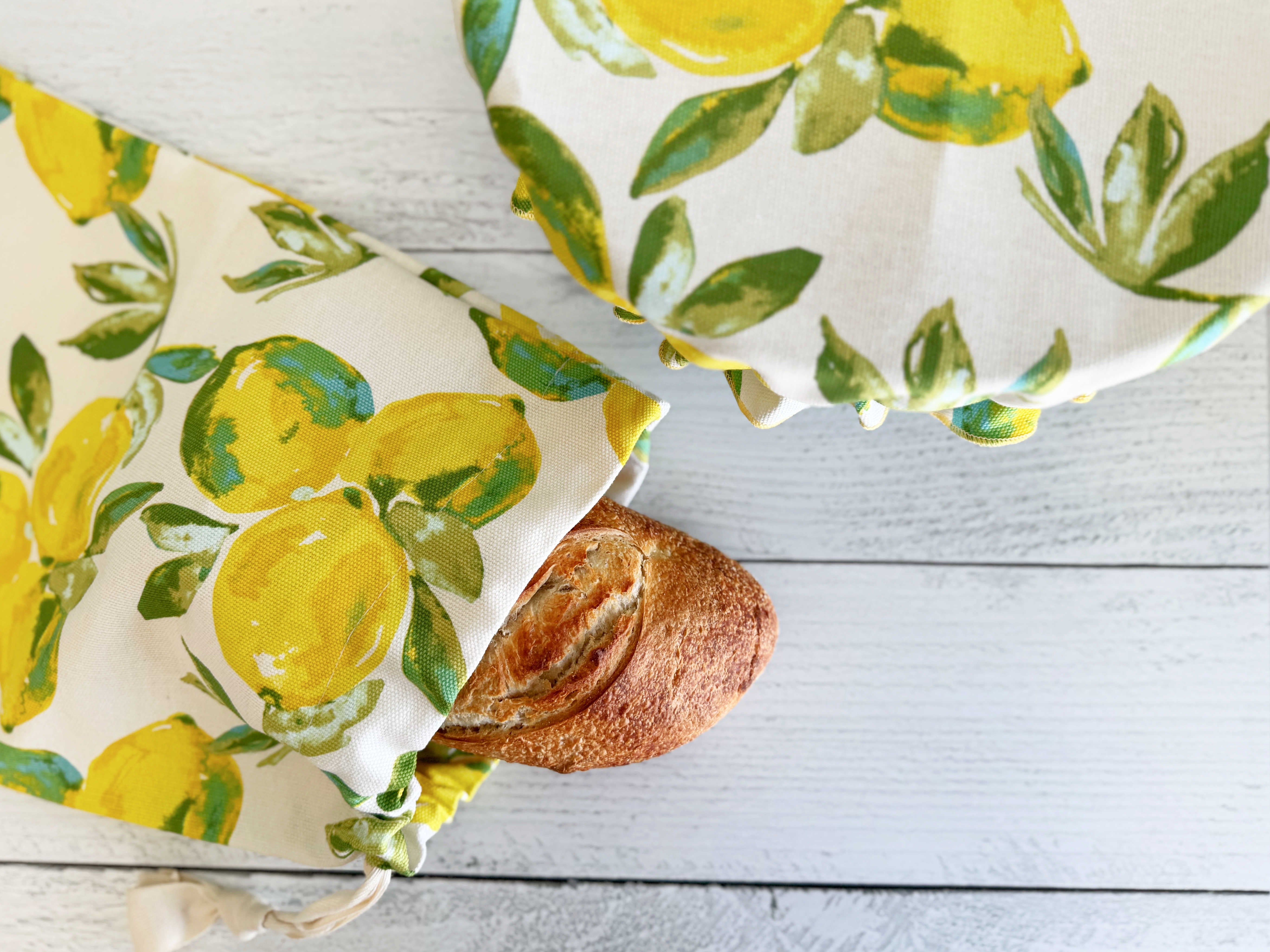 Limoncello lemon-print cotton bread bag and bowl cover set by Dot and Army, made in Georgia