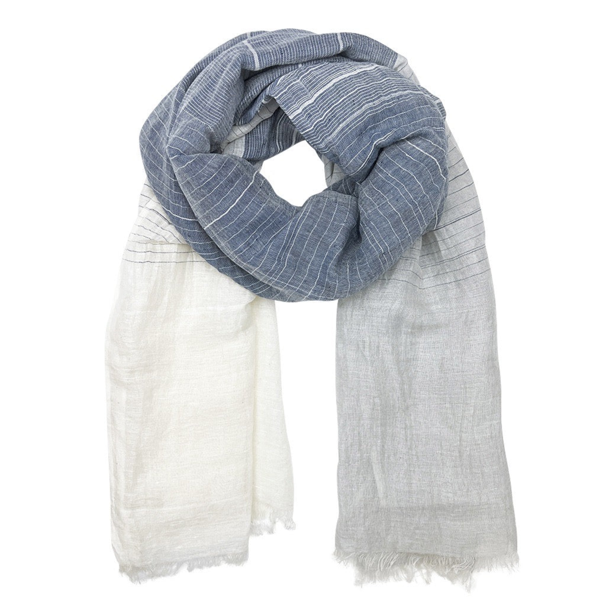 Blue and white cotton striped scarf on a white background