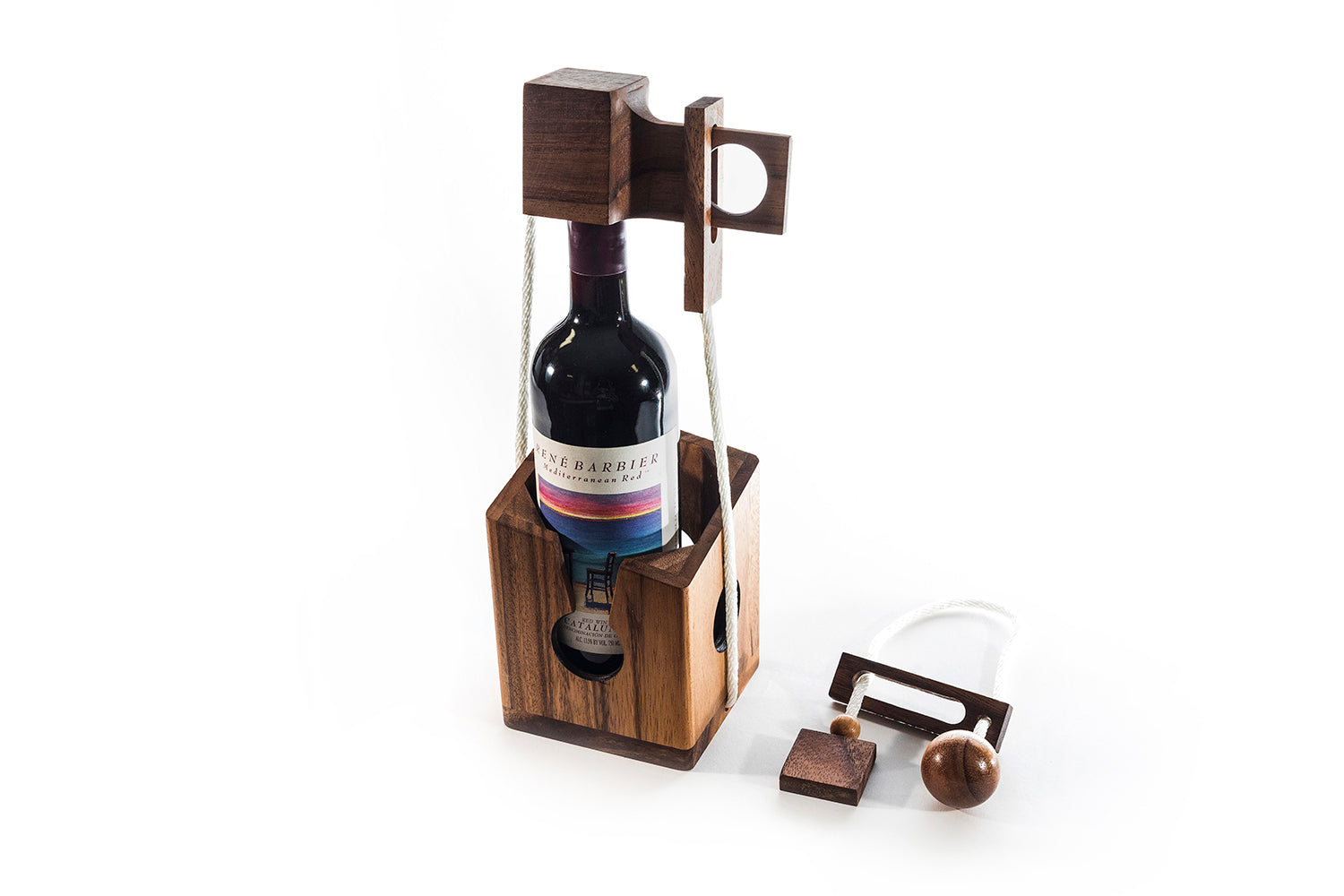 Wooden wine bottle holder with a wine bottle inside on a white background