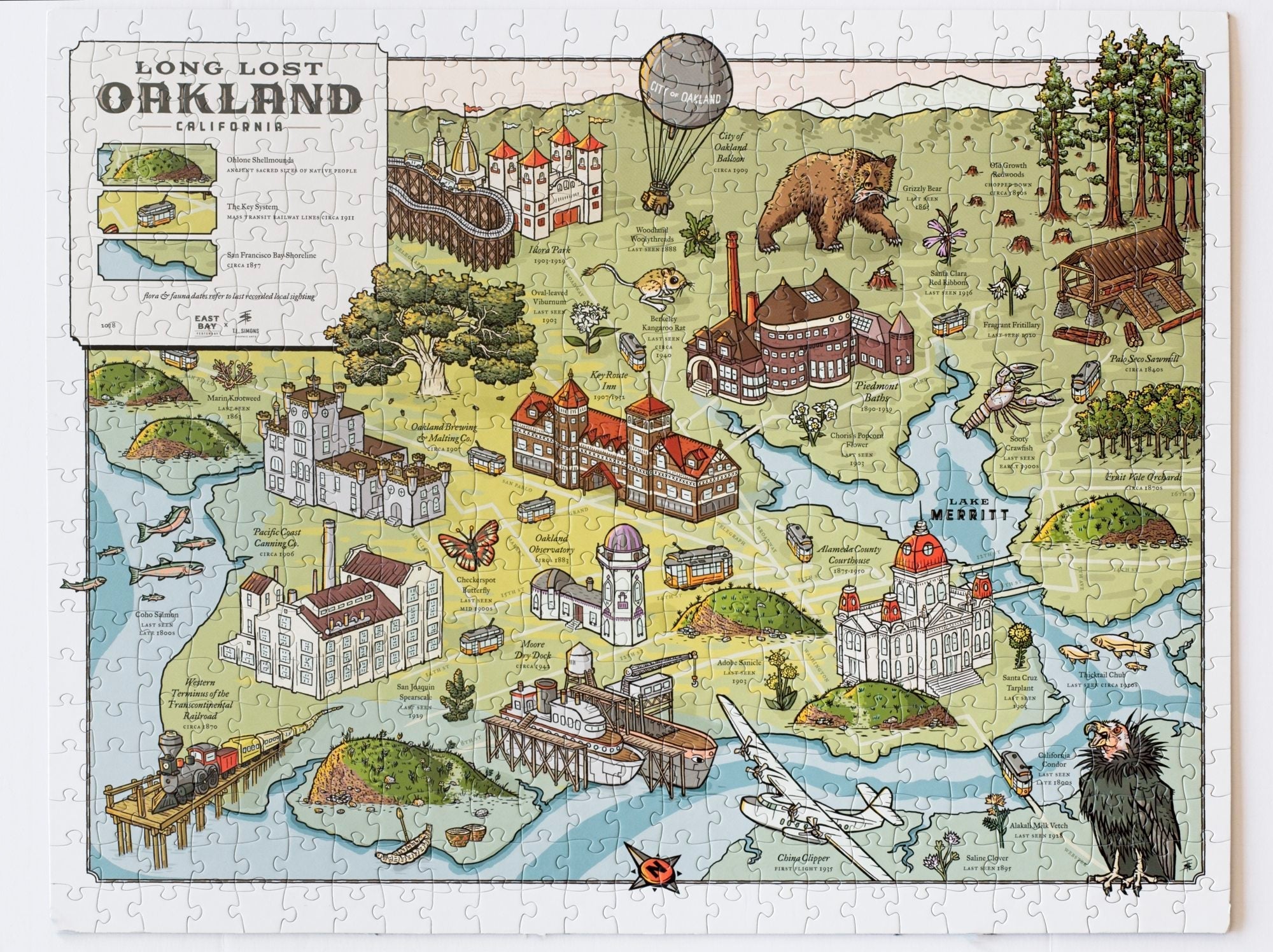 Completed Long Lost Oakland 500-piece jigsaw puzzle with hand-drawn illustrations of vanished Oakland places, animals and landmarks
