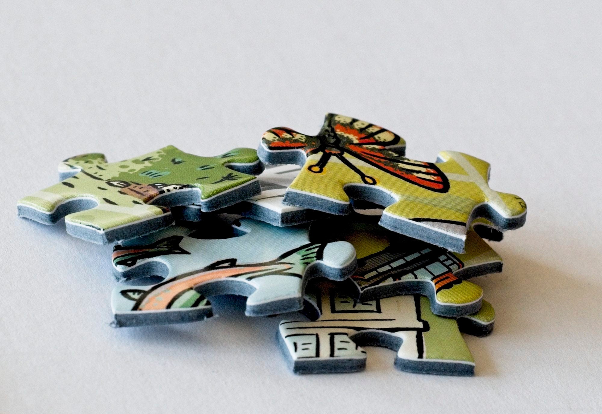 Close-up of Long Lost Oakland jigsaw puzzle pieces