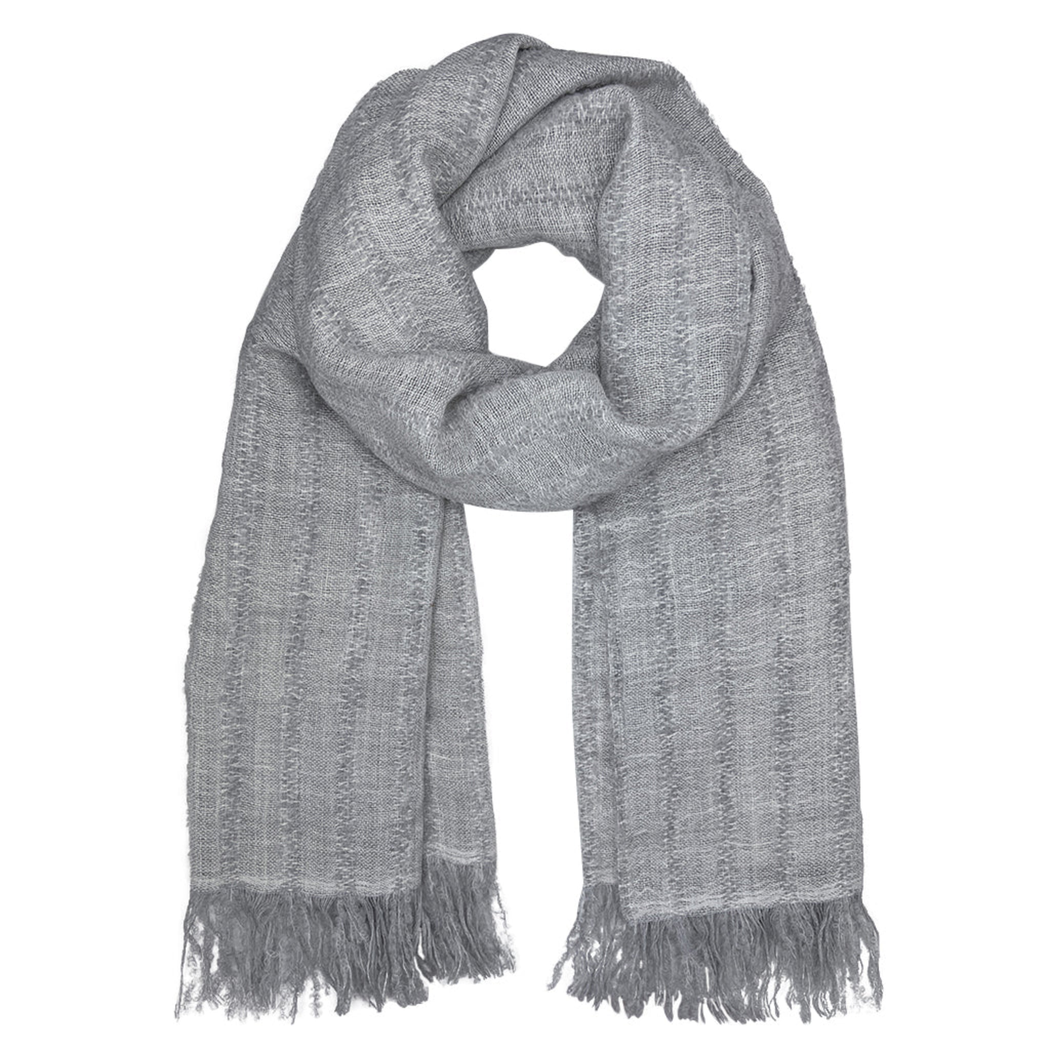Gray alpaca scarf with fringes on a white background