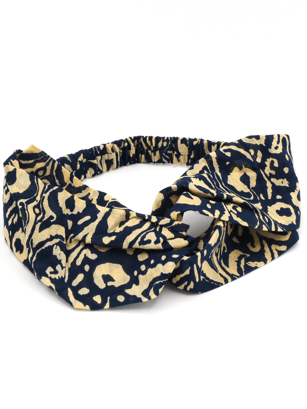 Fair Anita looped headband in blue and cream — ethically made cotton accessory