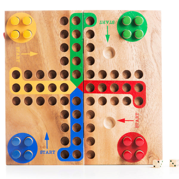 Wooden game board with colorful pegs on a white background
