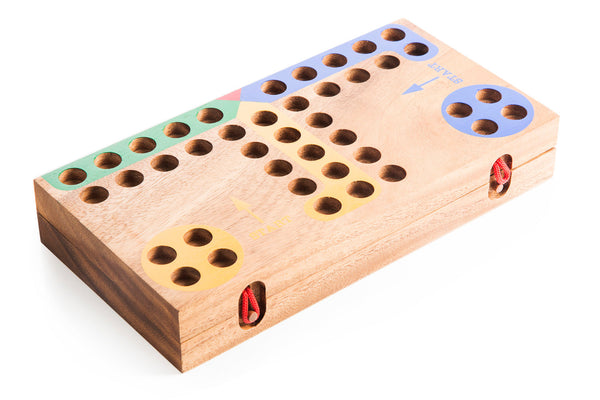 Wooden game board with colored pegs on a white background
