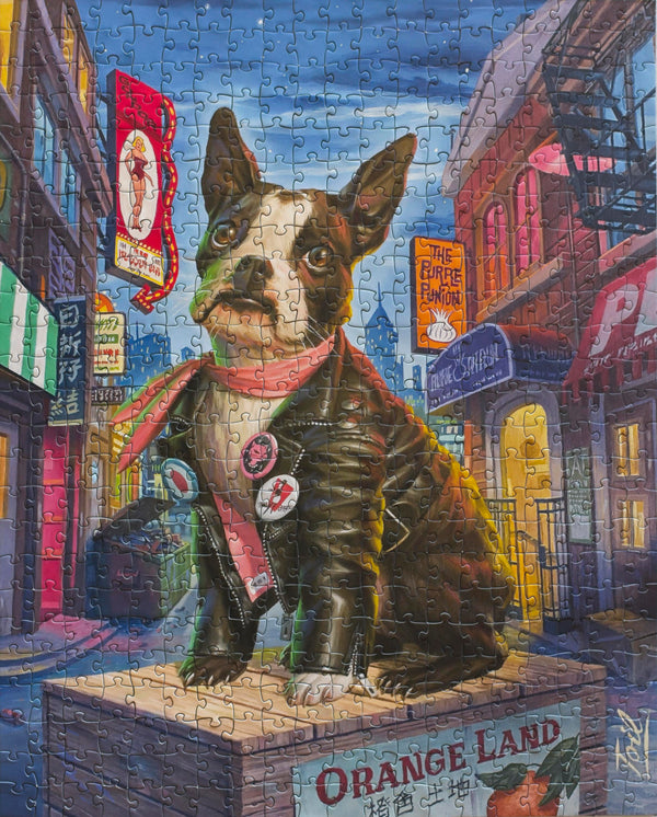Completed Lula Mae at North Beach 500 piece jigsaw puzzle with original artwork by Les Toil