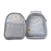 Open gray travel bag with 'apple park' label on a white background