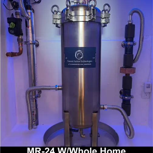 Stainless steel water filtration system with visible branding on a white background