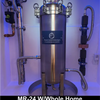 Stainless steel water filtration system with visible branding on a white background