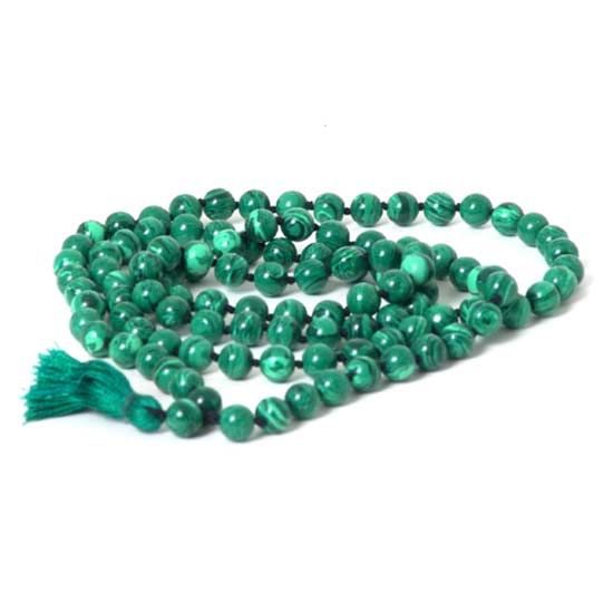 Handmade malachite mala necklace with 108 carved and polished marbled green beads by OMSutra