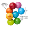 Colorful wooden balls with HABA logo on a white background, labeled for vibrant colors, non-toxicity, and sustainable beech wood.