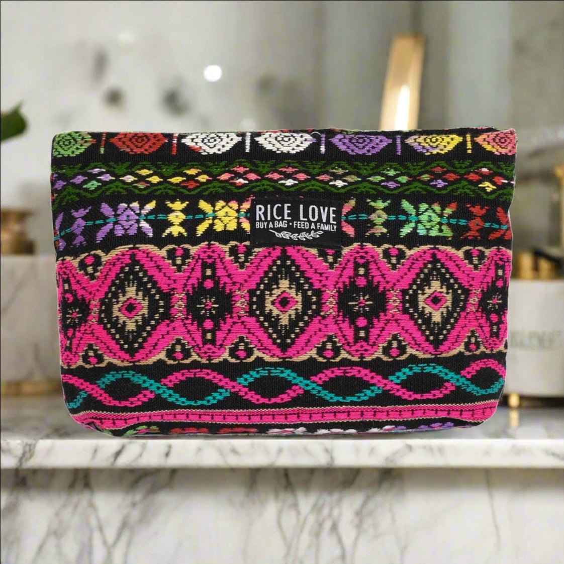 Upcycled jute makeup bag shown with beauty essentials