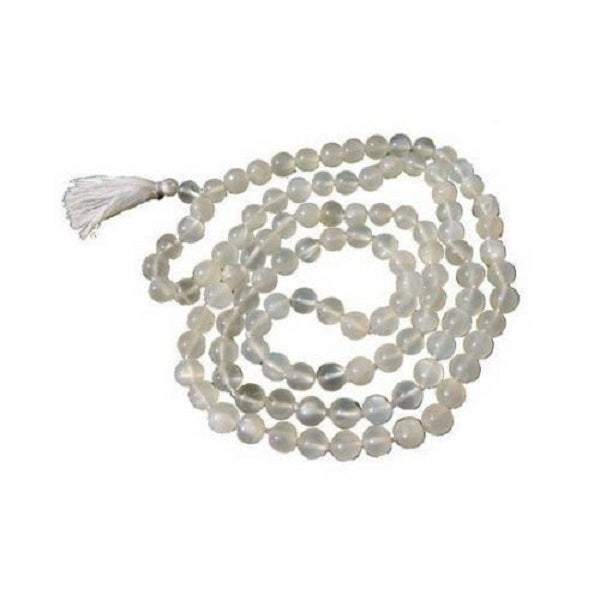 OMSutra 108-bead natural moonstone mala necklace with carved and polished white marbled gemstone beads