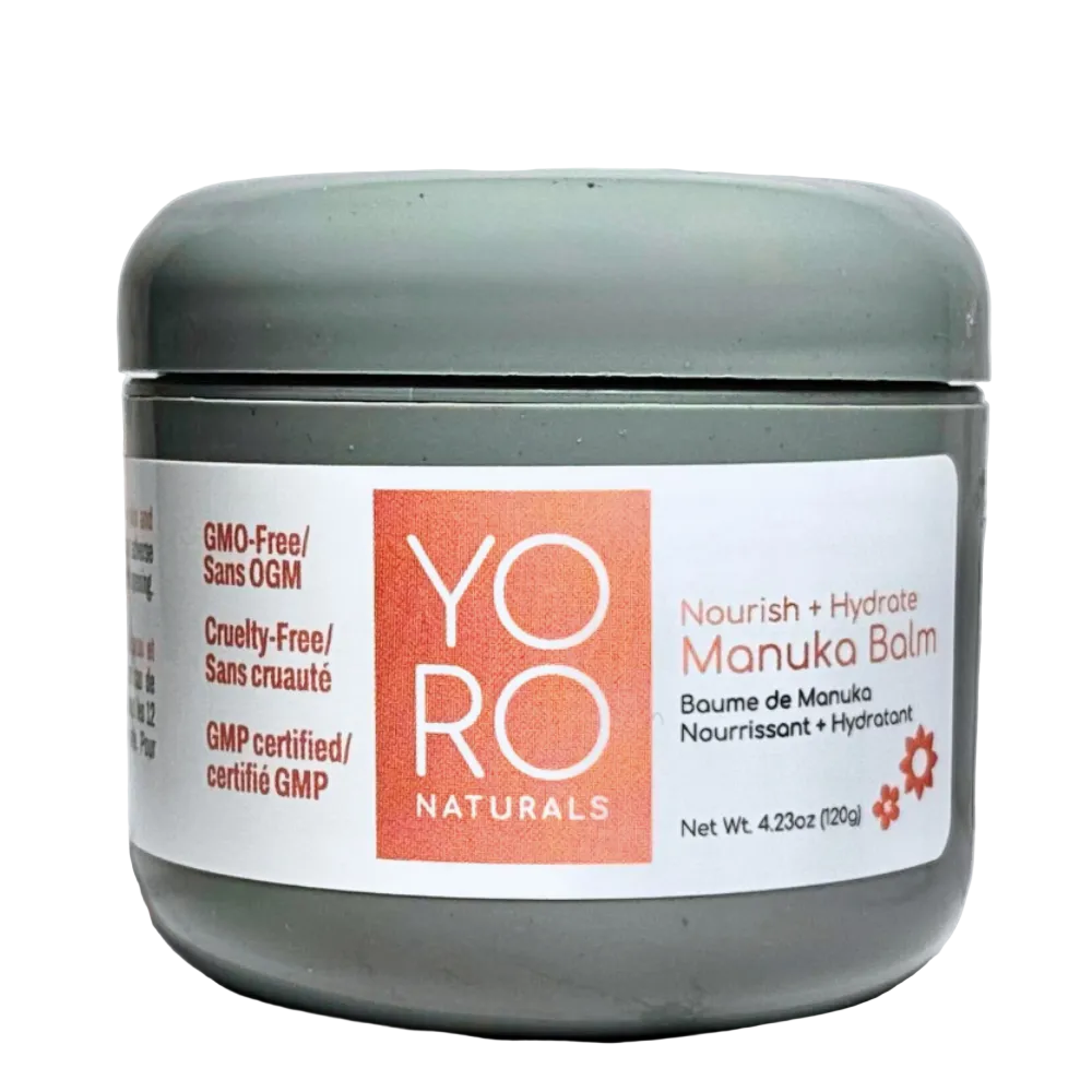YORO Naturals Manuka Balm jar on a marble surface. Ultra-gentle Manuka honey balm with just 6 natural ingredients — fragrance-free, eczema-safe & certified MGO 607. For sensitive skin of all ages. 30-day guarantee. Shop now.