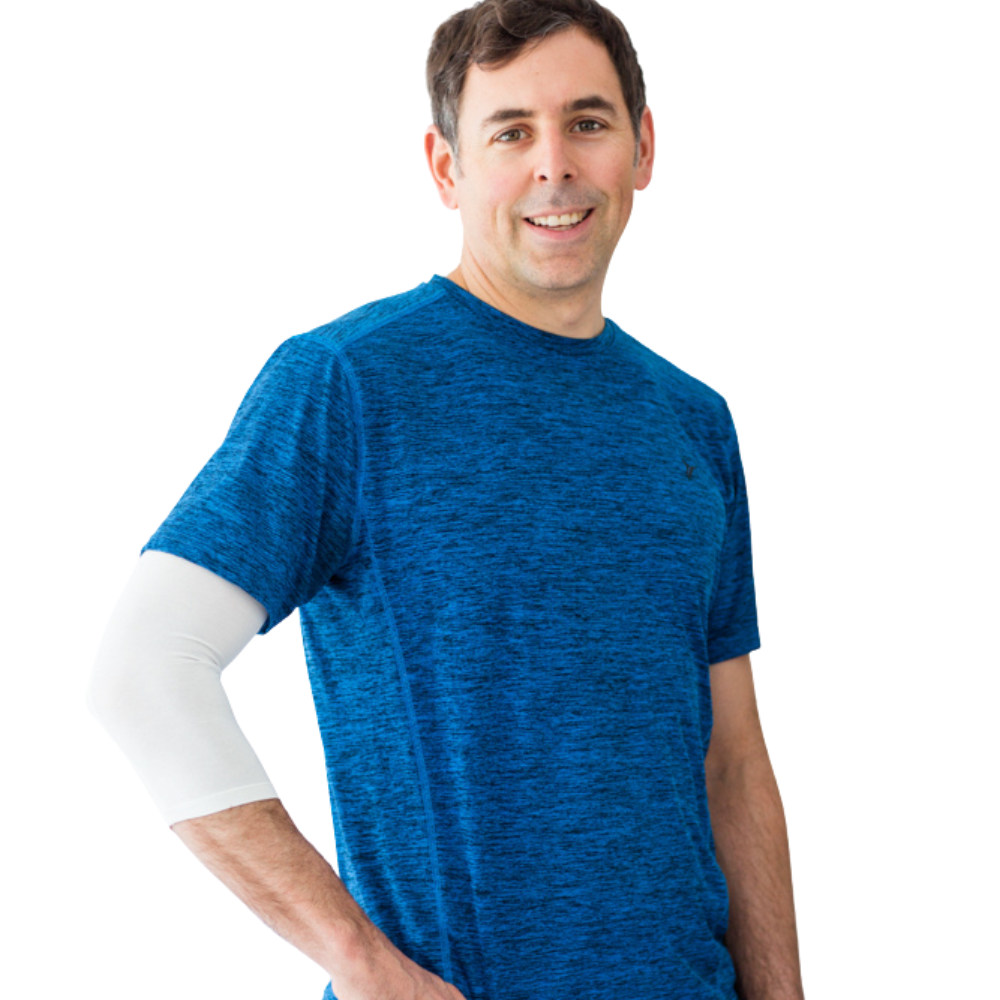 Man wearing Remedywear TENCEL eczema sleeves on both arms