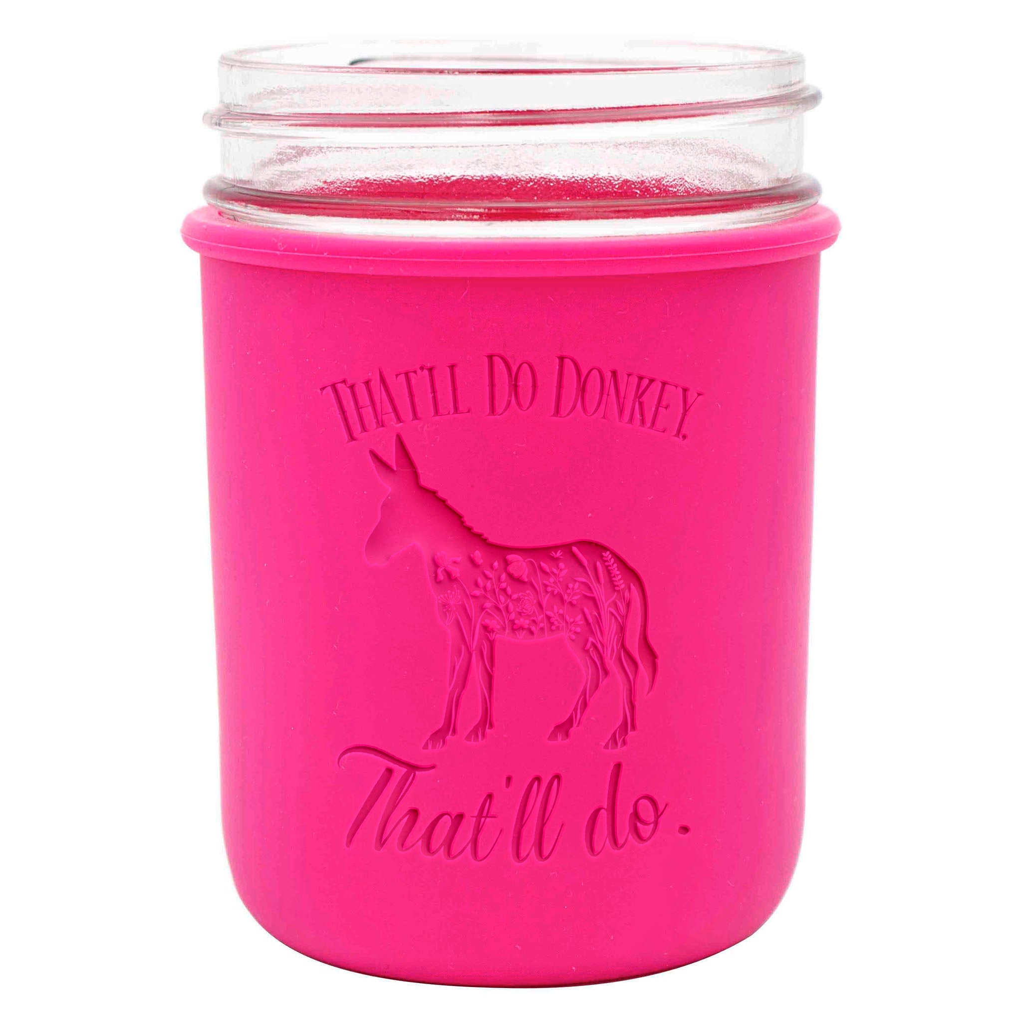 Pink jar with a donkey design and text on a white background