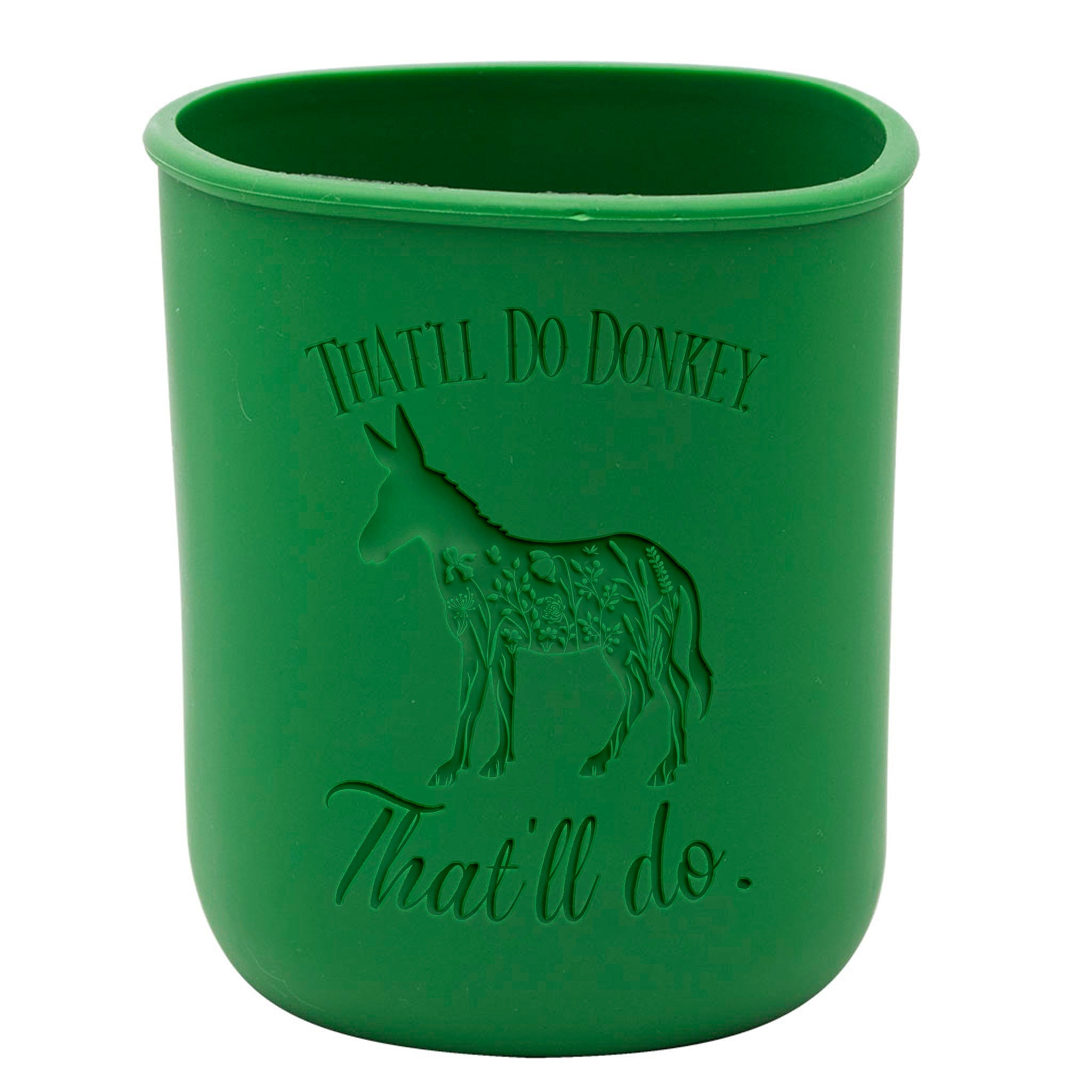 Green cup with a donkey design and text on a white background
