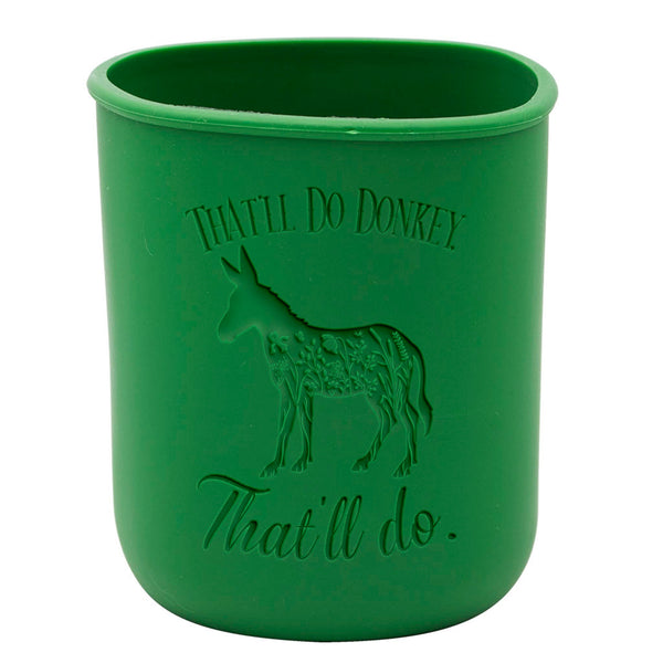 Green cup with a donkey design and text on a white background